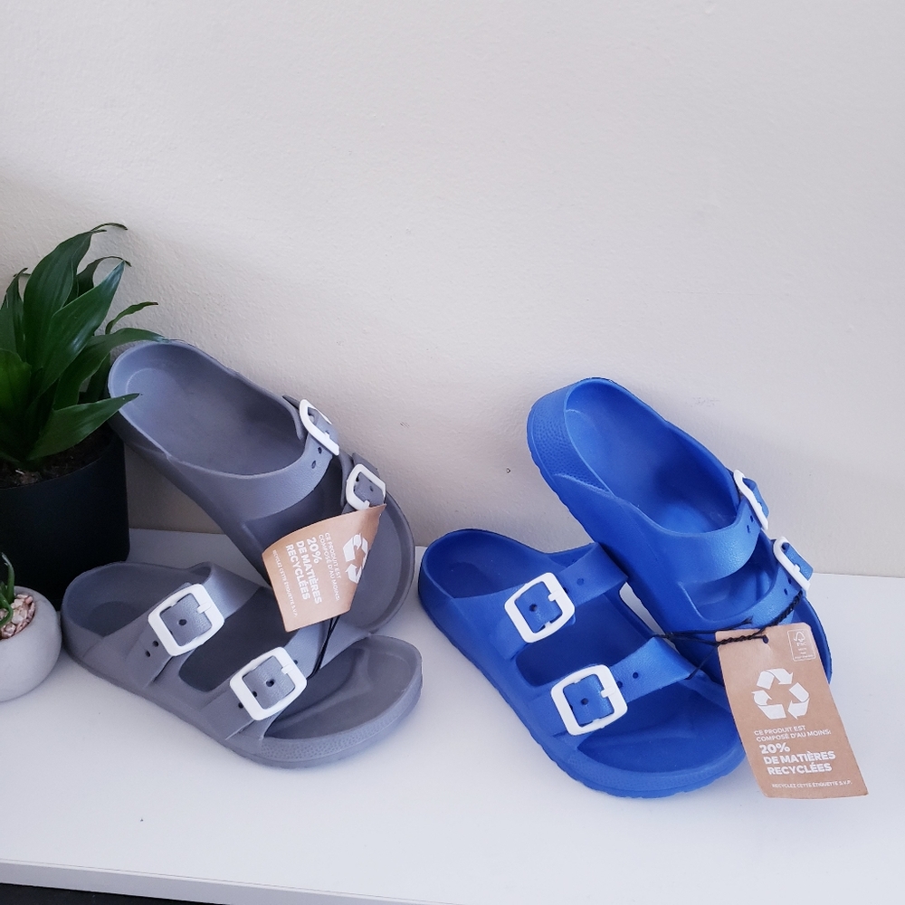 NEW Youth Size 2 Double Strap Eva Slides - 2 Available Grey & Blue